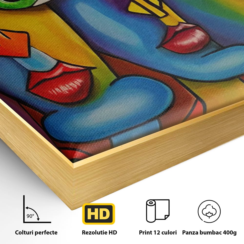 Detaliu al suprafetei: tablou canvas cu fete abstracte colorate, in rama de aluminiu auriu